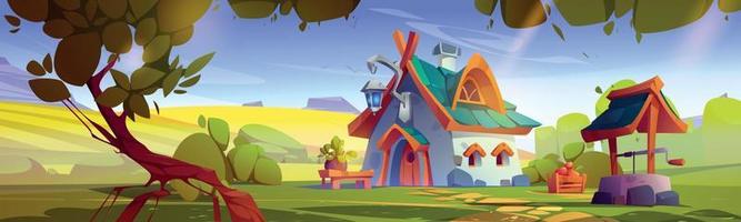 Cartoon fairy tale house against green landscape vector