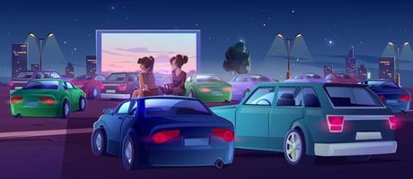 Girls at car cinema, friends in drive-in theater vector