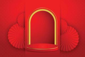 Podiums round Chinese style stage design for Chinese New Year festival or mid autumn festival with red paper cut art on red color background and asian elements with craft style on background. vector