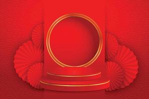 Podiums round Chinese style stage design for Chinese New Year festival or mid autumn festival with red paper cut art on red color background and asian elements with craft style on background. vector