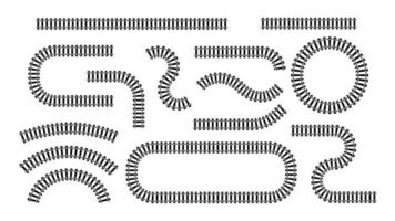 Railroad top view set. Twisted and straight black path made of steel lines with turns and serpentine for travel by train and vector locomotive