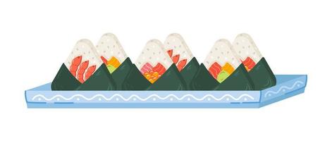 Onigiri set on blue plate on white background. vector