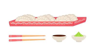 Gyoza set on plate with chopsticks, soy sauce and wasabi. vector