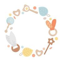 Frame of cute boho baby toys in Scandinavian style. Wood boho toys, cute minimal plaything for children, toy clipart, wood element for kids. Newborn essentials collection in boho style vector