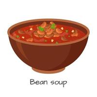 Bean soup, mexican traditional food. Hearty spicy chili soup. Vector illustration.