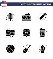 Happy Independence Day 9 Solid Glyphs Icon Pack for Web and Print security shield festivity american flag Editable USA Day Vector Design Elements