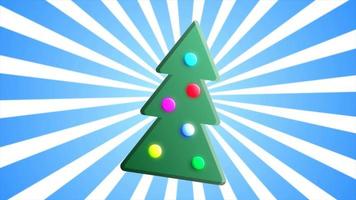 A festive green Christmas tree with round toys and garlands for the New Year holiday against the background of blue rays of a cartoon. Abstract background. Video in high quality 4k, motion design