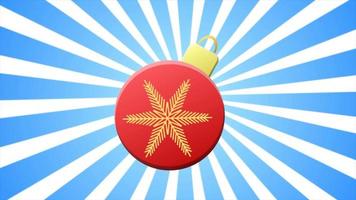 Festive red Christmas tree toy with a snowflake for the holiday New Year's card on the background of blue rays. Abstract background. Video in high quality 4k, motion design