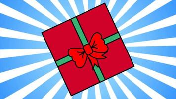 Festive red gift box with a ribbon and a bow for the holiday christmas new year or birthday in cartoon style on a background of blue rays. Abstract background. Video in high quality 4k, motion design