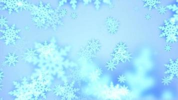 Beautiful festive blue Christmas New Year snowflakes shining falling glowing with blur effect and bokeh on blue background. Abstract background. Screensaver, video in high quality 4k