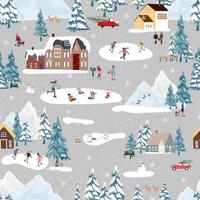 lindo paisaje navideño de patrones sin fisuras en la ciudad con casa de cuento de hadas, camión, oso polar jugando patinaje sobre hielo y pino, diseño plano vectorial panorámico en el pueblo en nochebuena, fondo de vacaciones vector