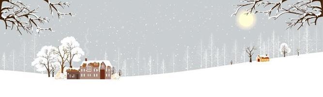 paisaje invernal con cubierta nevando, ilustración vectorial casa de campo del país de las maravillas en pueblo con pino forestal y ramas sin hojas.banner horizontal para vacaciones de navidad o año nuevo 2022 vector