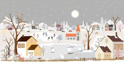 Winter wonderland landscape background at night with polar bear having fun in the city on new year,Christmas day in village with people celebration, kids playing ice skate, teenager skiing on mountain vector