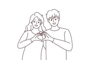 Smiling couple show heart hand gesture vector