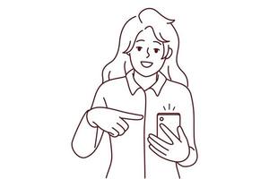 mujer sonriente apuntando a la notificación móvil vector