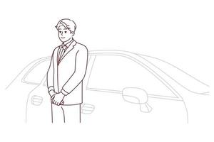 Car driver in suit standing near car vector