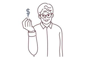 Happy elderly man show dollar sign vector