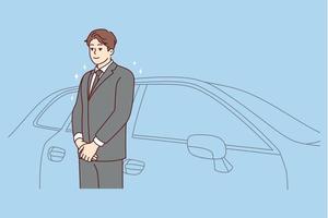 Car driver in suit standing near car waiting for client. Chauffeur in formalwear working in luxury automobile company. Good quality service. Vector illustration.