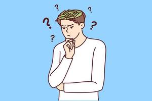 Confused young man with labyrinth in head think of problem solution. Frustrated male make decision contemplating solving trouble. Dilemma. Vector illustration.