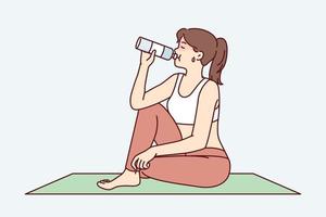 Tired woman sitting on yoga mat and drinking water in time for break between exercises or getting ready for meditation. Girl athlete is resting on rug for fitness and sports. Flat vector design
