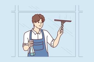 Man washes windows using brush and spray bottle with detergent, outside view of building. Guy employee of cleaning company in work uniform cleans up business center. Flat vector illustration