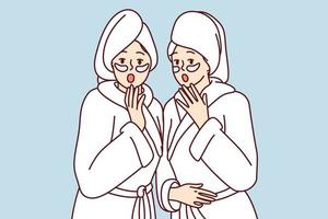 Two frightened women dressed in white shower robes opening mouths. Girl friends with masks on faces and towels on wet hair are shocked after learning news from yellow press. Flat vector image