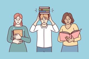 Man and two women students with books from library preparing for exams for university entrance. Set high school pupil people or teachers with textbooks for educational concept. Flat vector image