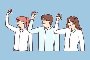 Cheerful man and women in office clothes showing hello gesture. Business people standing in row raise their hand up to express ideas for improving financial performance of company. Flat vector image