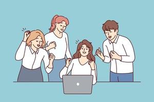 Successful women and man employees of startup rejoice and look at laptop screen. Young girl and guy make victory gesture after learning good news after video call in computer. Flat vector design