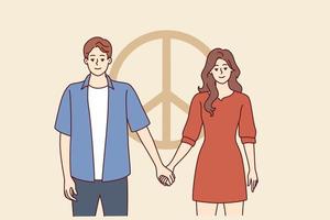 Man and woman dressed in casual style hold hands standing near symbol of pacifism. Friendly guy and girl posing near sign symbolizing peace and disarmament. Flat vector illustration