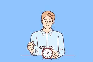 Smiling man points finger at alarm clock to remind of beginning or end of lunch break. Concept time management and control over optimal use of working period. Flat vector illustration