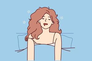 Disheveled woman in nightgown sits in bed after abrupt awakening or unpleasant dreams. Girl has problems sleeping and cannot fall asleep or is sick with sleepwalking. Flat vector illustration