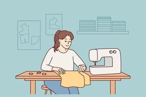 Female dressmaker or seamstress working on sewing machine in workshop. Smiling woman sewing sitting on table. Hobby and design. Vector illustration.