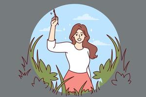 Smiling young woman painting beautiful nature recover from mental illness. Happy girl draw bright environment feeling optimistic and positive. Vector illustration.