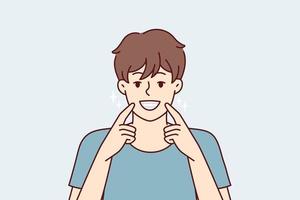 el hombre sonríe ampliamente y muestra dientes sanos blancos como la nieve después de ir al dentista. un tipo feliz señalando con el dedo a la boca recomienda una buena pasta de dientes para una sonrisa radiante. ilustración vectorial plana vector