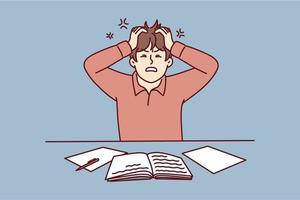 Angry man clutching head sitting at table with workbooks suffering from nervous work or impossible deadlines. Young guy student chafe after made mistake during learning. Flat vector illustration