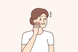 Unhappy woman gets frightened after seeing redness on face suffering from allergies. Perplexed girl with rash or pimples on skin experiencing anxiety and pain due to skin diseases. Flat vector design