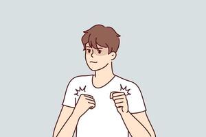 Brave man clenching fists holds hands in front of chest preparing for fight or self-defense. Young guy athlete with knowledge in martial arts in white T-shirt stands in boxers pose. Flat vector image