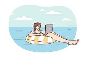 Young successful woman floats on air mattress in sea with laptop on lap in sunny tropical resort. Girl freelancer enjoys sunbathing and working with computer at same time. Flat vector illustration