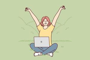 Happy woman sitting on lawn in park with laptop on knees enjoying good weather stretching hands up. Girl blogger or internet journalist doing job sitting in nature. Flat vector illustration