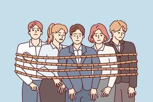 People in office suits tied with rope stand with unhappy face and are sad because poor working conditions. Man and woman employees of company are upset by result of joint activities. Flat vector image