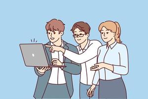 Woman and two men dressed in business style stand with laptop while studying site. Startup employees are discussing project looking at presentation of software in computer. Flat vector image