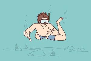 Man diver swims underwater enjoy exploring ocean floor with rocks and algae. Guy in swimming trunks and diving mask spends summer vacation at sea doing underwater tourism. Flat vector illustration