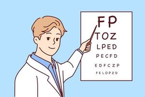 Man doctor holds out pointer to poster with letters for checking eyesight of patients. Positive ophthalmologist in white coat works in clinic helping to treat eye diseases. Flat vector illustration