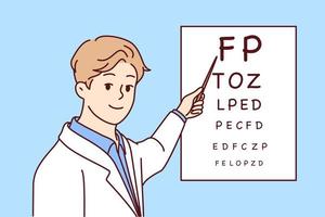 el médico sostiene un puntero al afiche con letras para revisar la vista de los pacientes. oftalmólogo positivo en bata blanca trabaja en clínica ayudando a tratar enfermedades oculares. ilustración vectorial plana vector