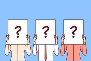 Several people stand side by side and cover faces with paper with question mark for recruitment business concept. Metaphor of searching for candidate for vacant position in company. Flat vector image