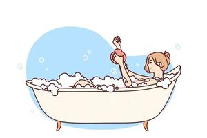 Young woman enjoys rubbing hand with washcloth bathing and relaxing after hard day at work. Optimistic girl lies in bath among foam and soap bubbles and smiles. Flat vector design