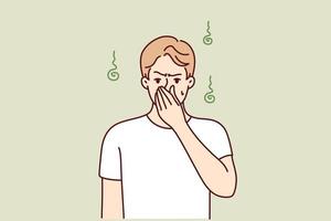 Dissatisfied man pinching nose with hand while suffering from unpleasant smell sweat. Guy is experiencing discomfort due to non-compliance with hygiene standards or health problems. Flat vector image