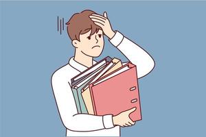 Stressed businessman holding folders feel overworked in office. Unhappy tired male employee overwhelmed with business tasks. Vector illustration.