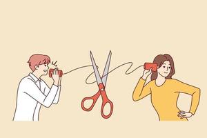 Man and woman with handmade cups hearing device suffer from bad communication. Scissors cut thread connecting couple talking. Vector illustration.